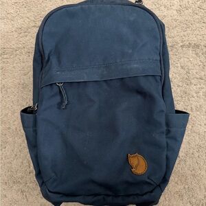 Fjallraven Navy Blue Backpack with Brown Leather Fox Patch